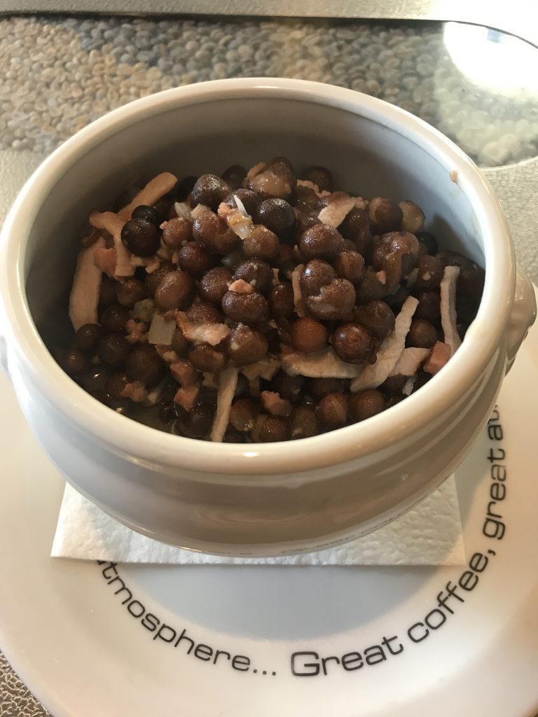Afternoon snack of grey peas with bacon at Double Coffee Riga