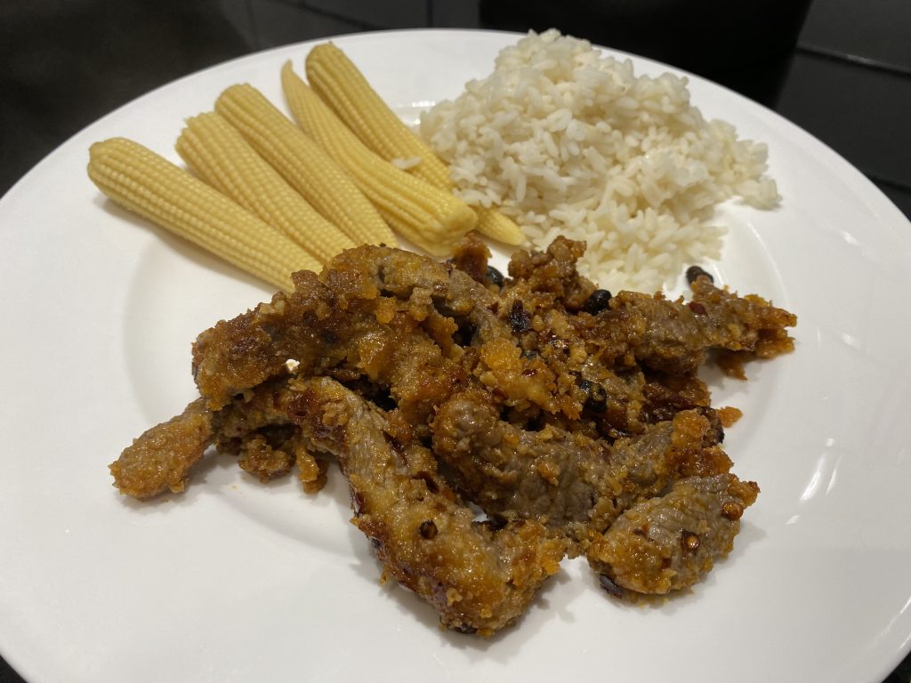 Sichuan crispy beef with corn and rice