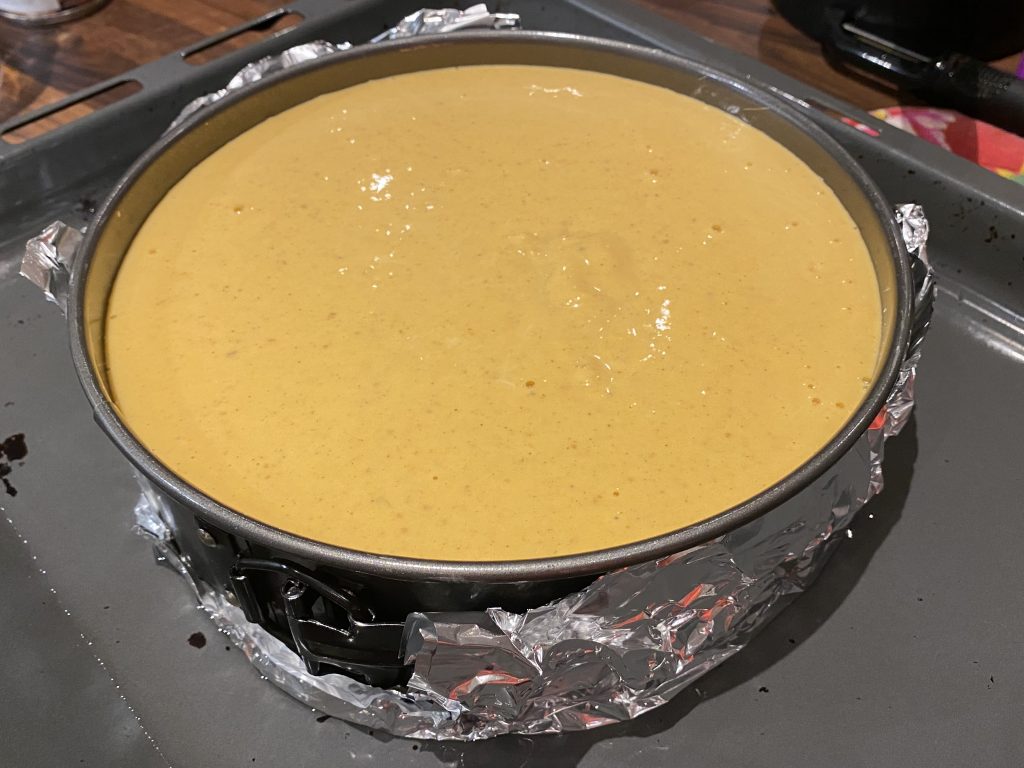 Pumpkin cheesecake ready for the oven