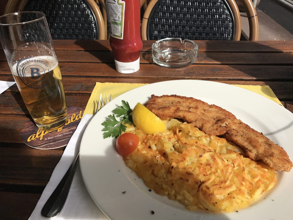 Schnitzel, potato rosti and a local Liectenstein beer