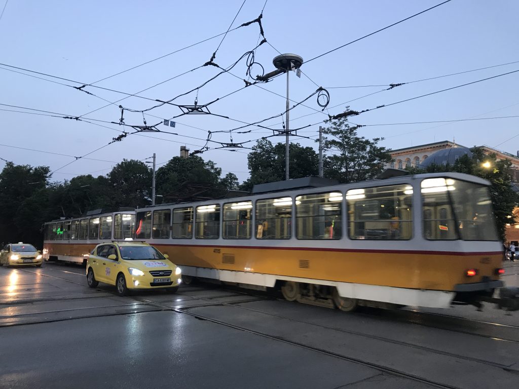 Taxi and tram in Sofia, Bulgaria