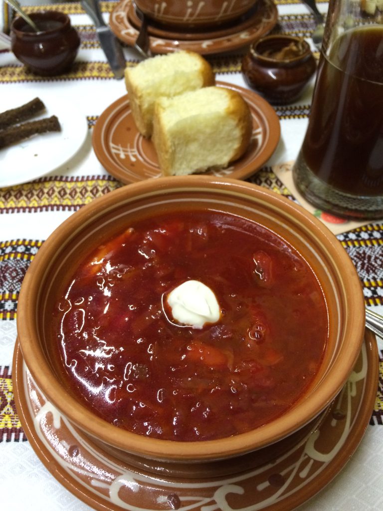 Borscht (beetroot) soup and bread at Taras Bulba