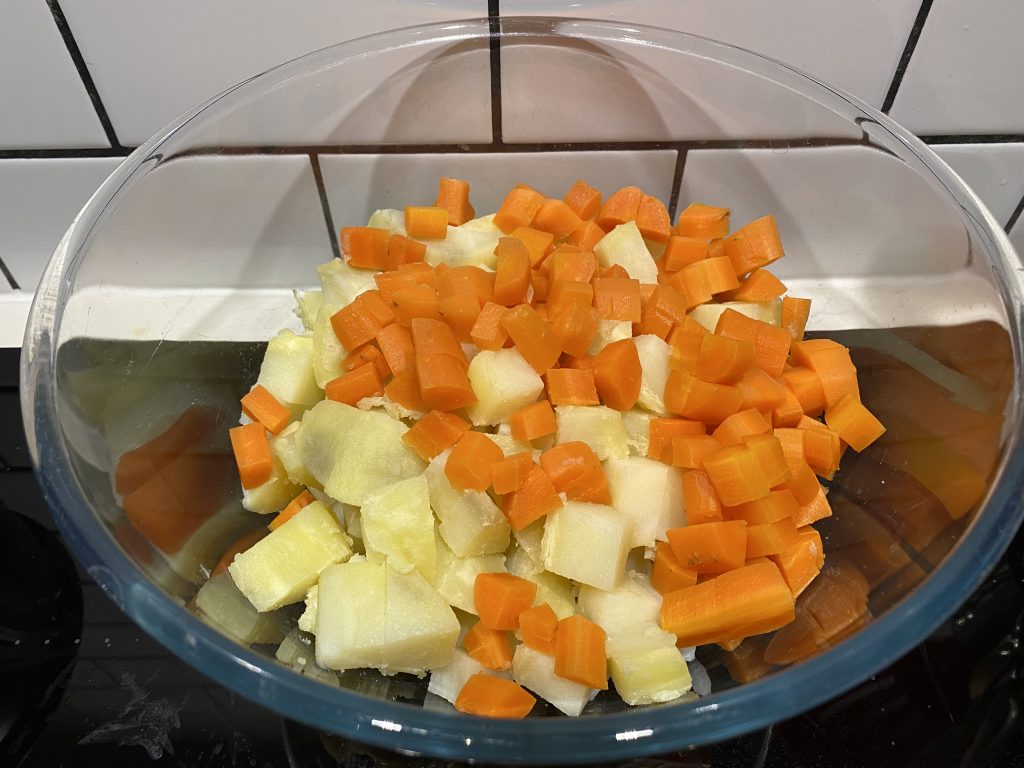 Cubed potatoes and carrots