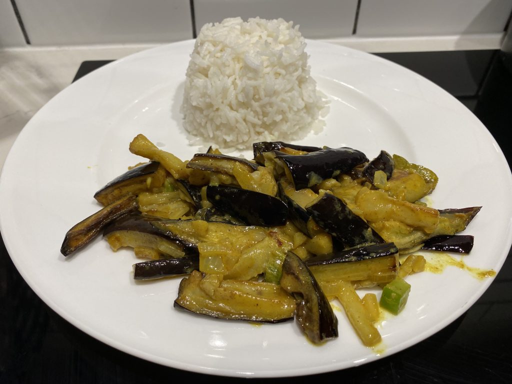 Sri Lankan aubergine curry with rice