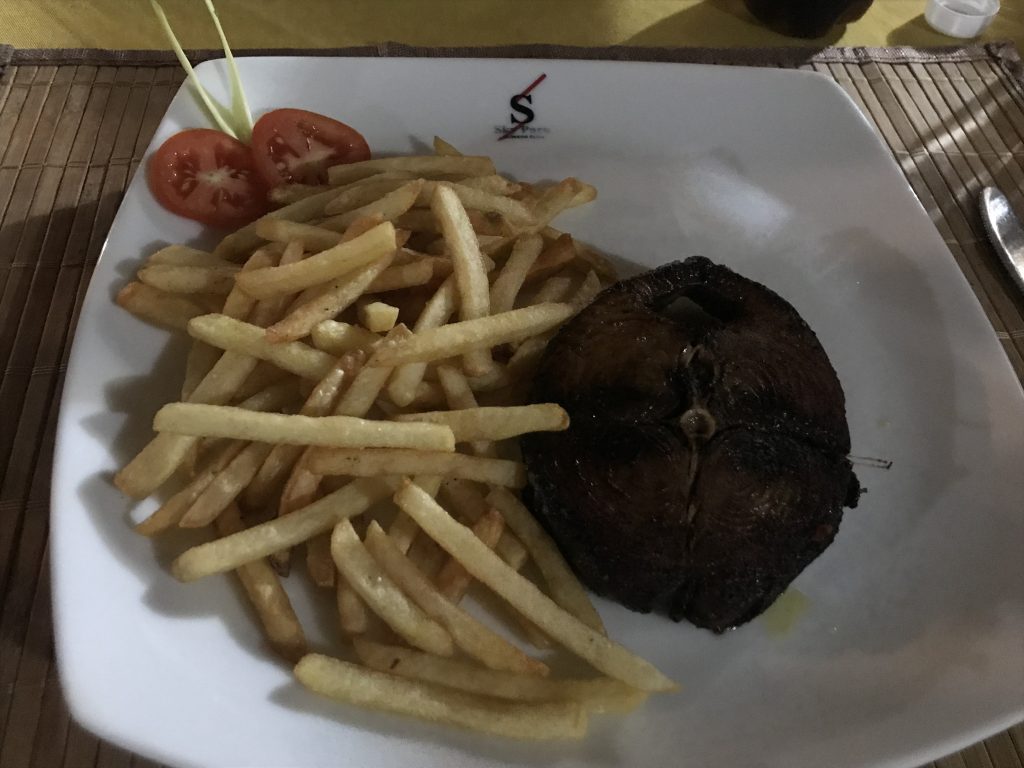 Tuna steak and fries at Grand Yala Hotel