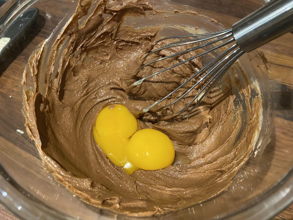 Making the chocolate nut mixture with egg yolks