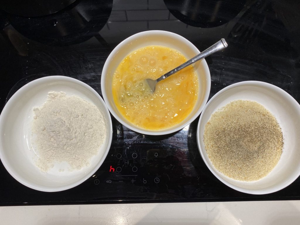 Flour, egg and breadcrumbs for dipping
