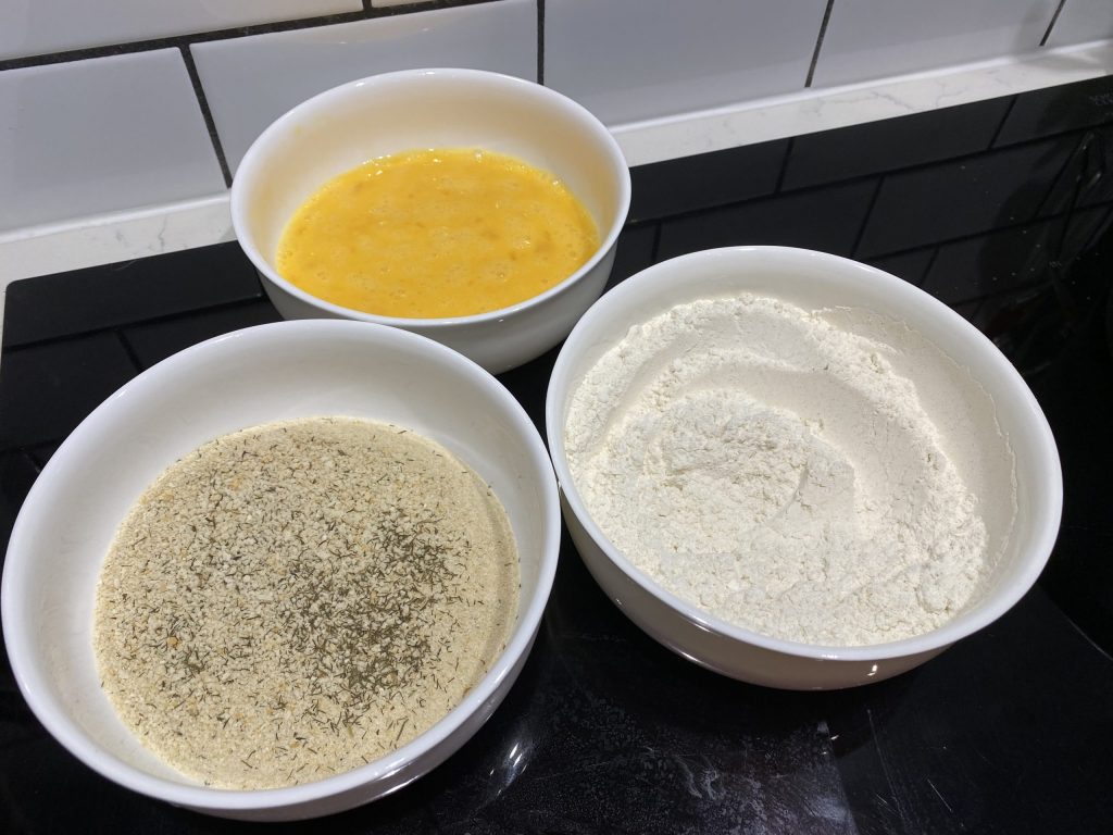 Flour, egg and breadcrumbs for the coating