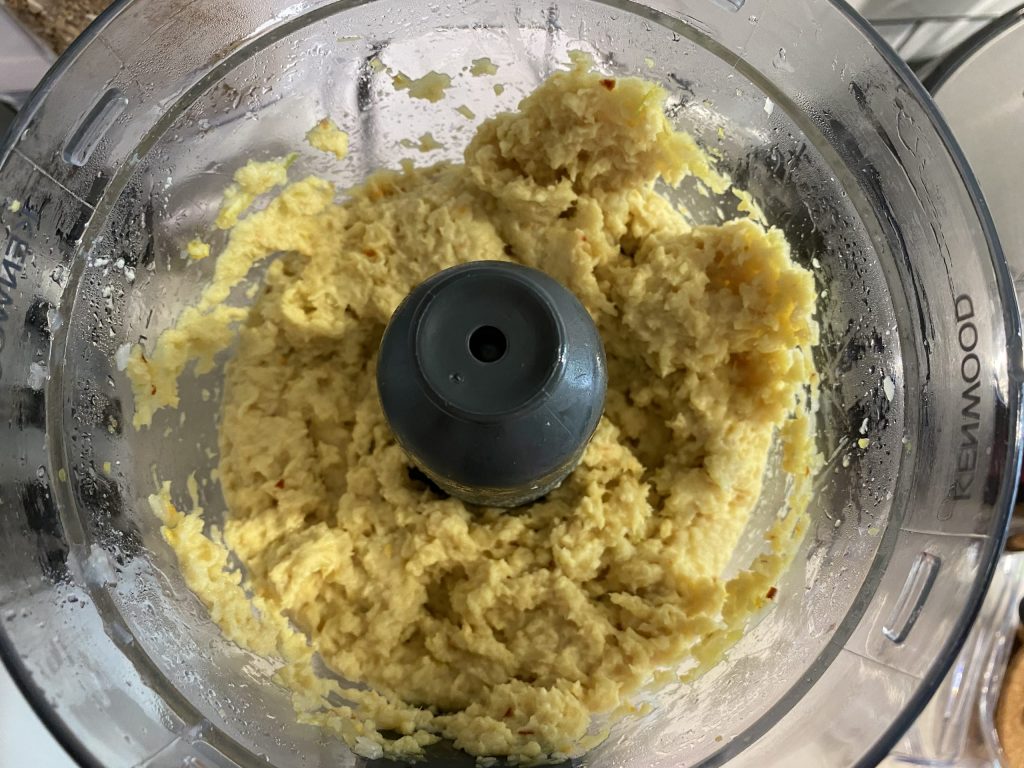 Making the kroeung-fish paste in a food processor
