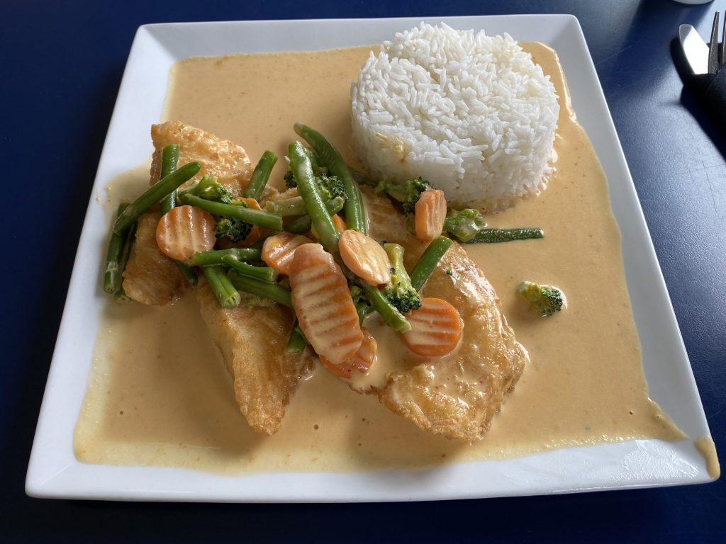 Fried halibut red Thai curry at Cafe Iluliaq