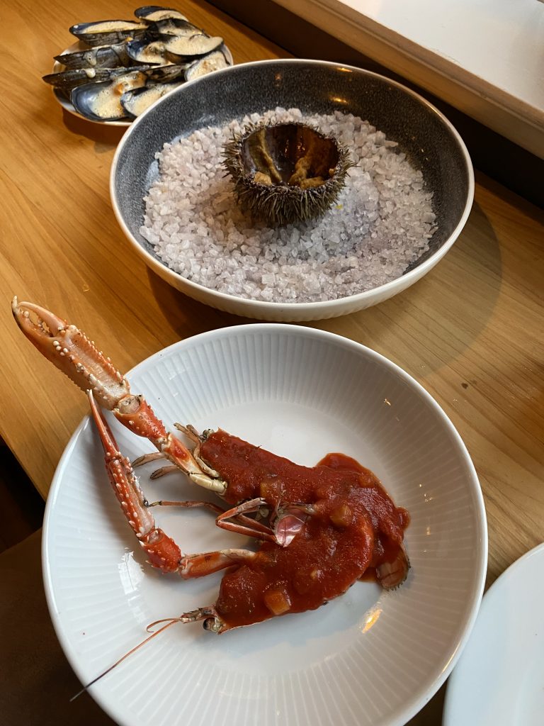 Tasting menu at ROKS Langoustine, sea urchin and blue mussels