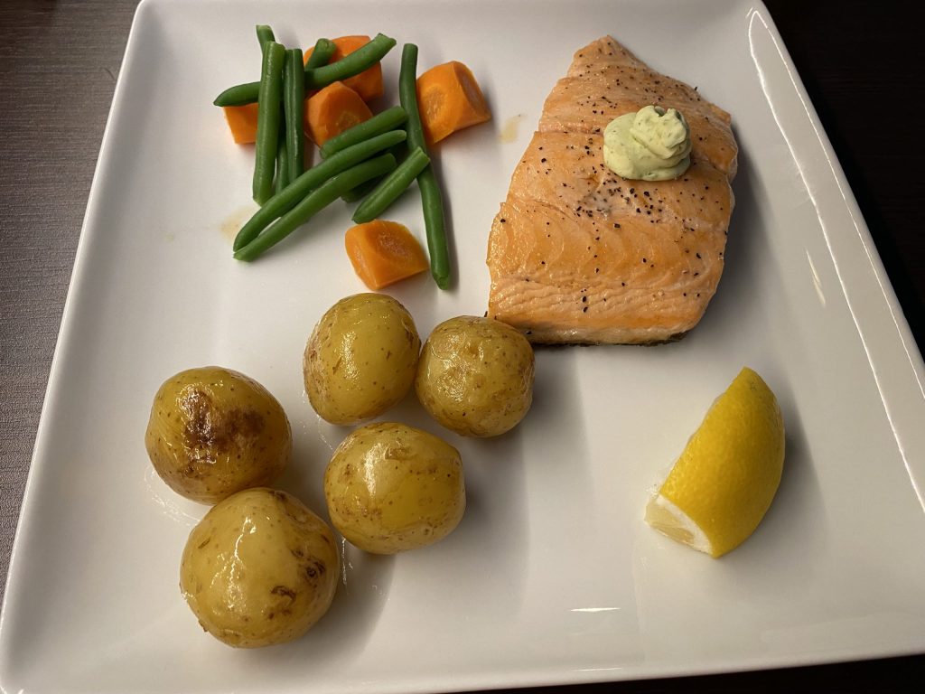 Salmon with potatoes and vegetables at Cafe Pollastova