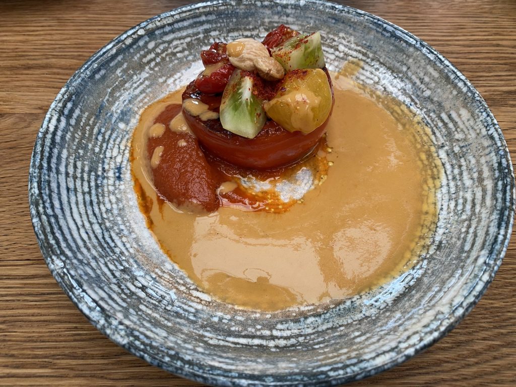 Tasting lunch at Gemyse- Grilled tomato with sauce basquaise and almonds