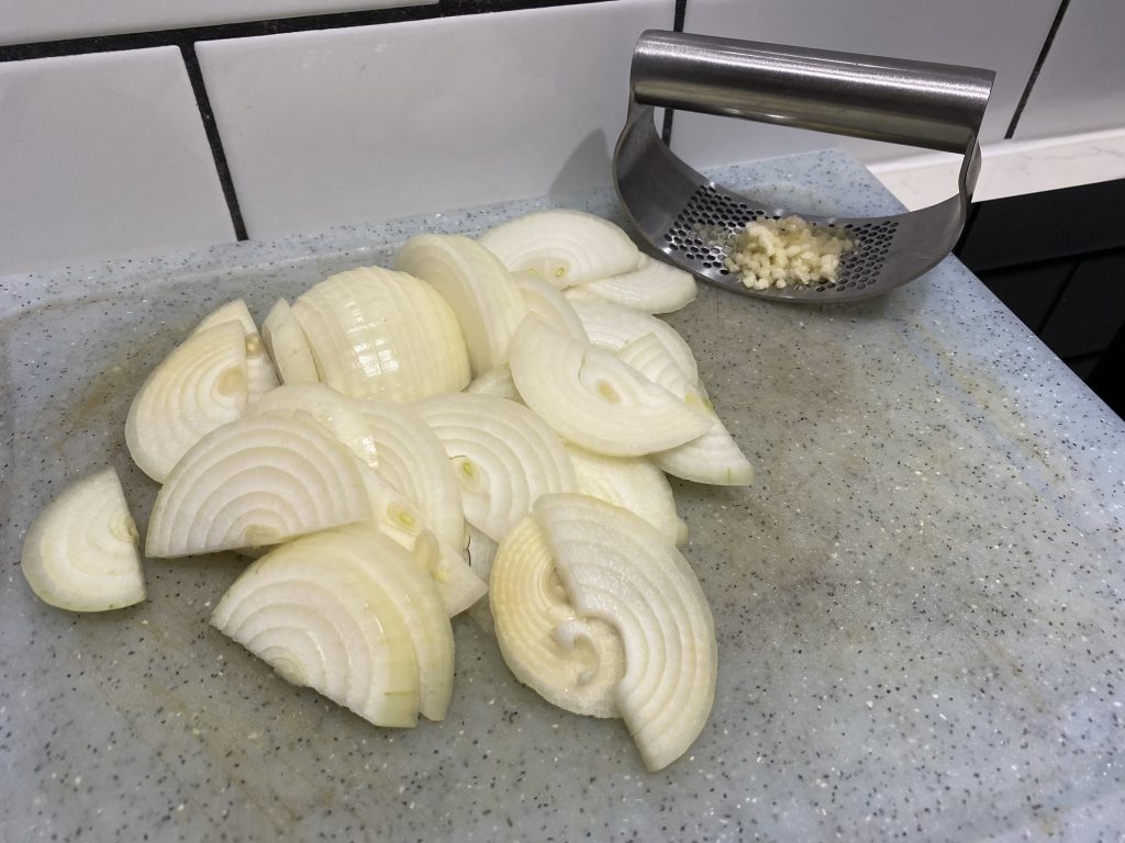 Slice onions and mince garlic