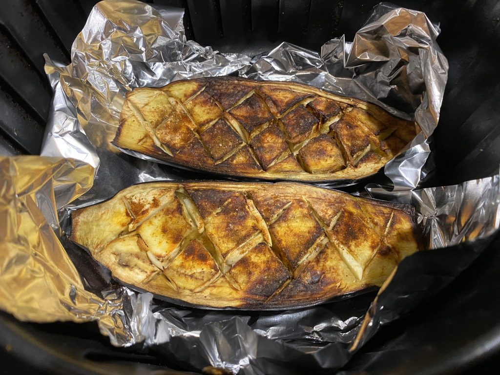 Nicely browned aubergines from the airfryer