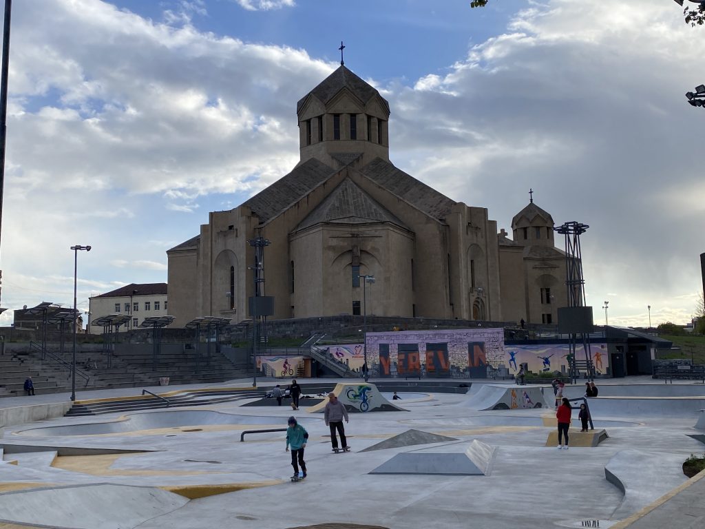Saint Gregory The Illuminator Cathedral behind a skate park